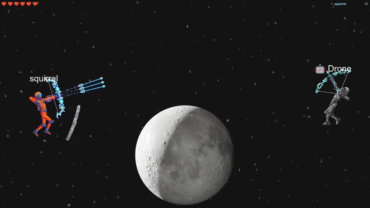 Krakax gameplay: two archers in space, shooting at each other across a moon